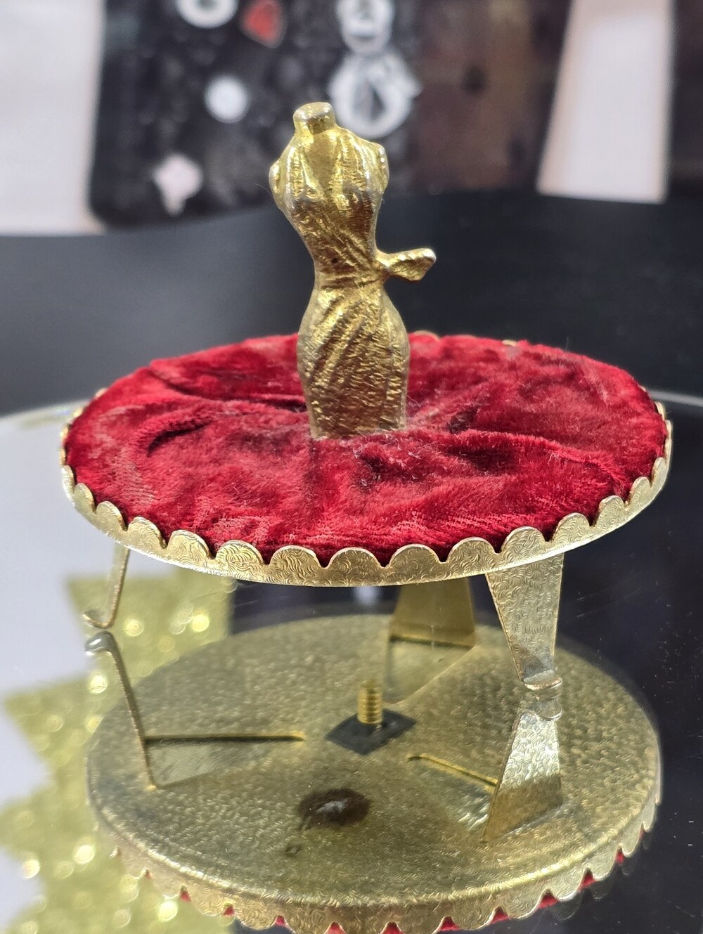 Vintage Brass Dress Form Ring Holder Pin Cushion with Red Velvet Haute Couture